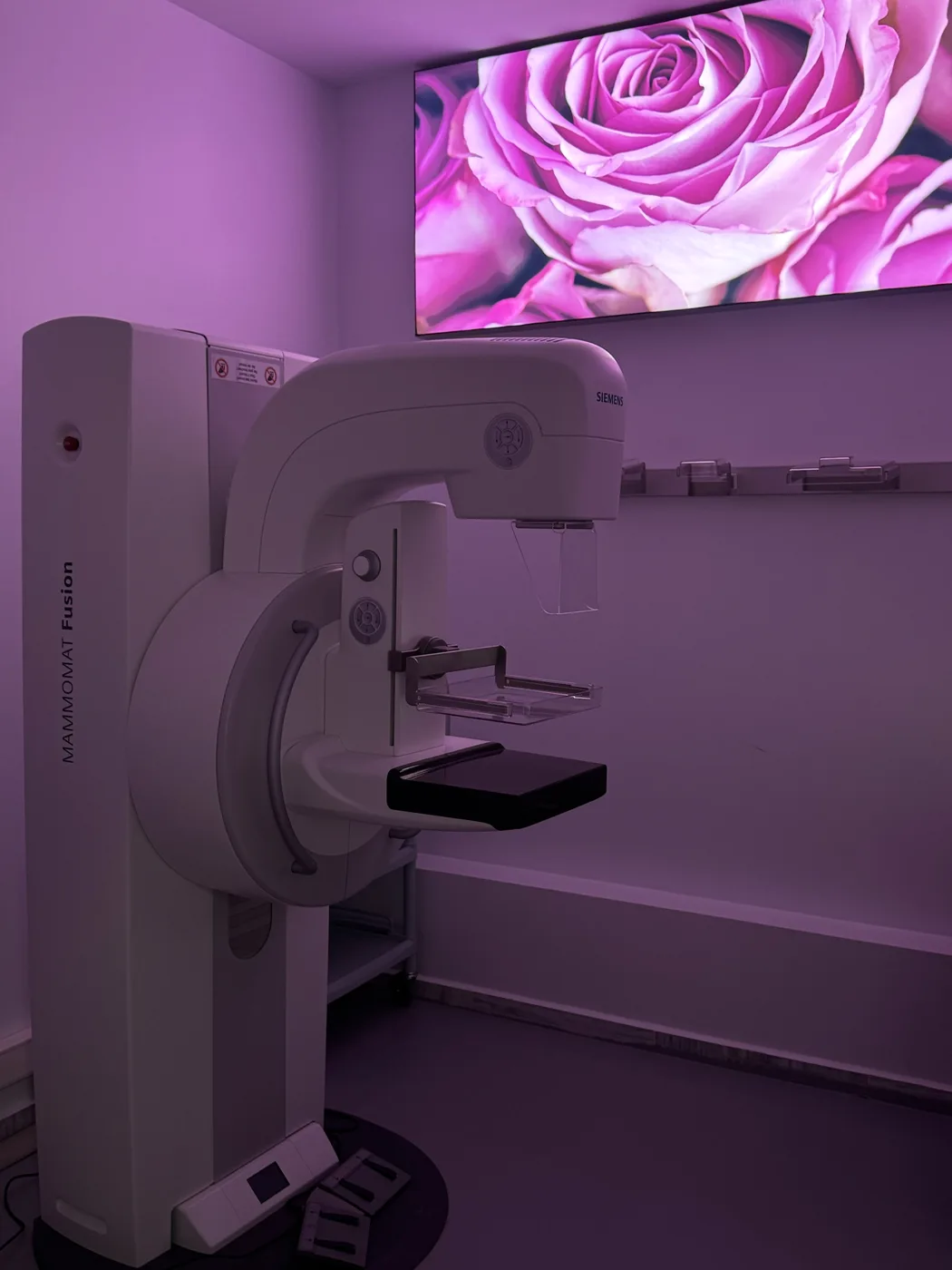 Salle de mammographie baignée de lumière rose, grand tableau lumineux de rose au mur
